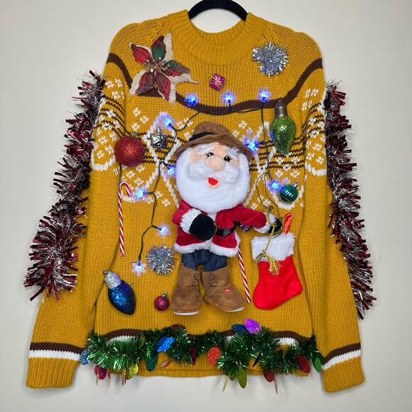 Ugly Christmas Sweater Singing Cowboy Santa LIGHTS UP Tinsel Xmas Party Winner - Picture 1 of 4